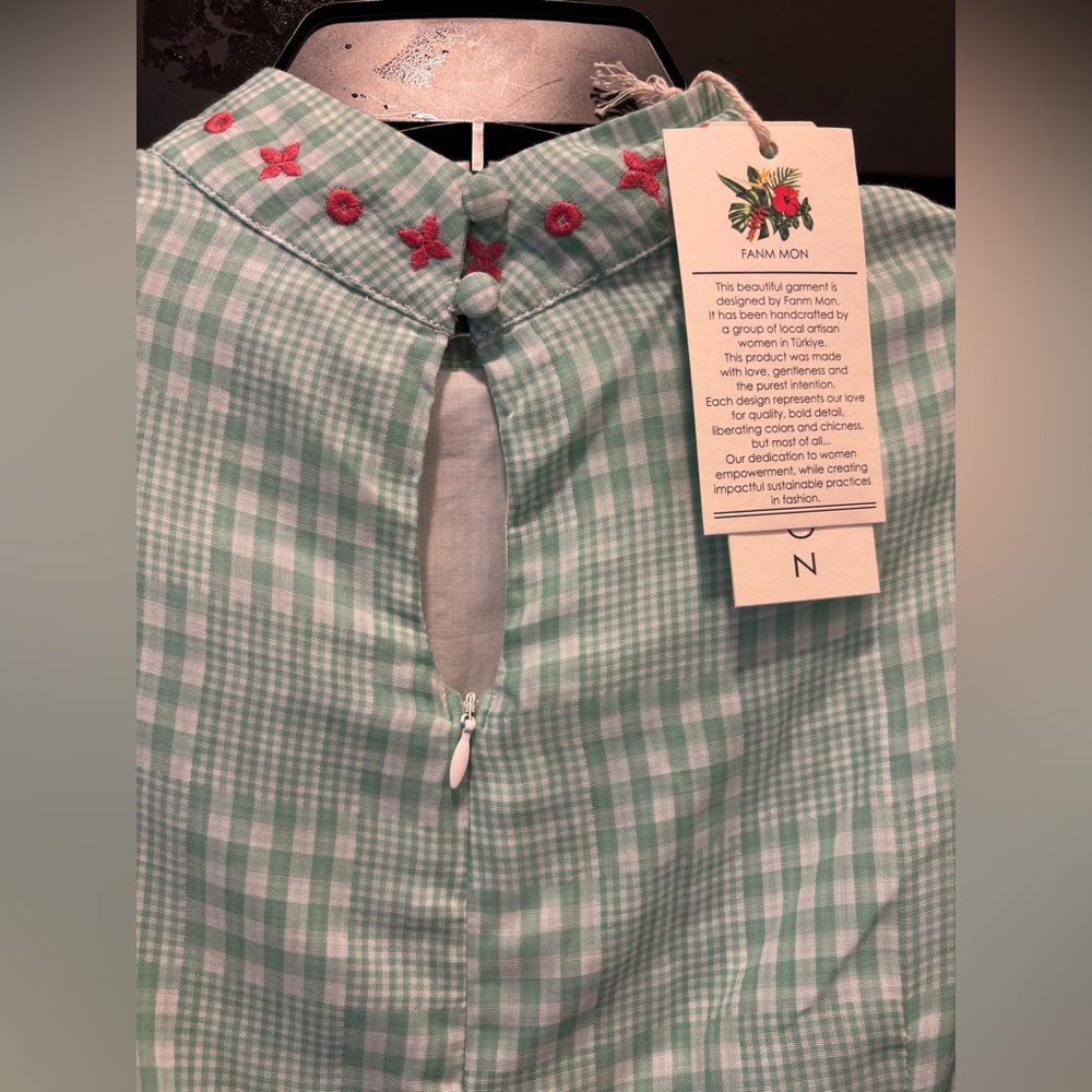 Fanm Mon Lipno Dress Midi Mini Floral Embroidered Green Checker Plaid Small NWT - Picture 11 of 16